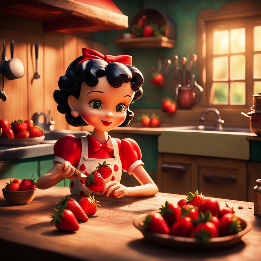 Betty Boop in Rustic Kitchen: Retro Film Still