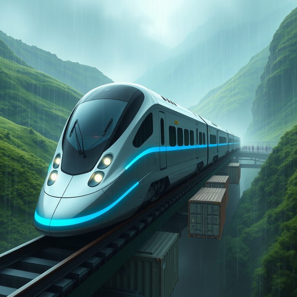 Sleek Futuristic Train Speeds Through Emerald Hills