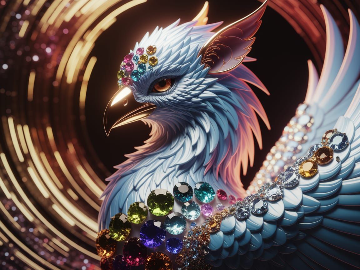 A majestic, hyper-realistic gryphon with iridescent feathers...