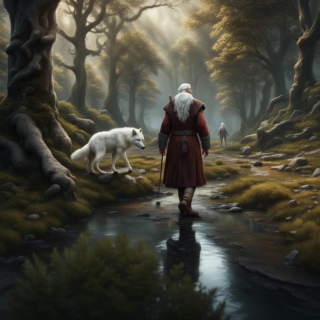 Old Man and White Wolf in Forest