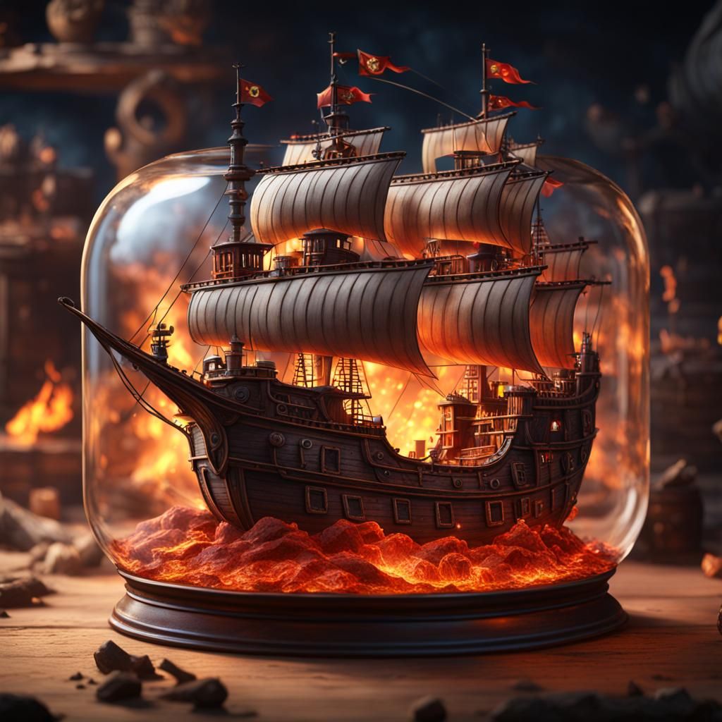 Fiery Pirate Ship in a Jar