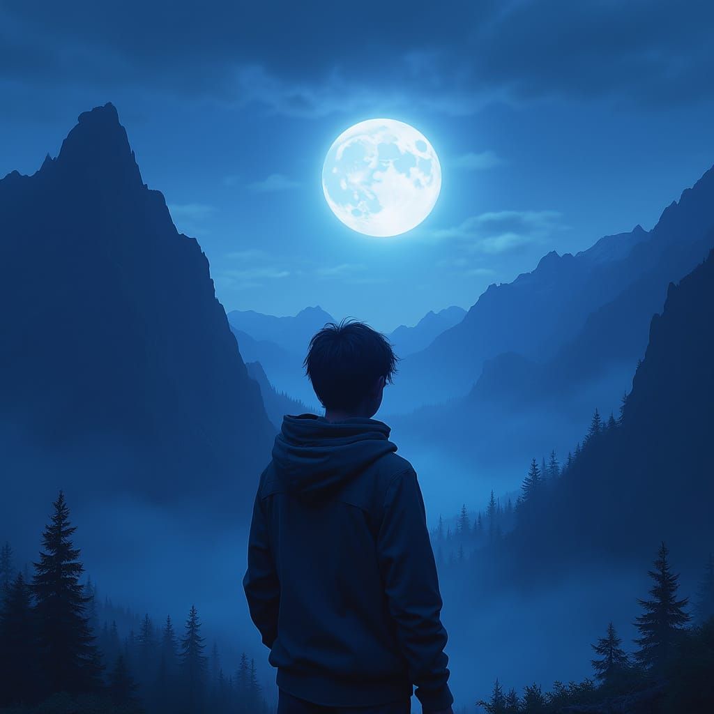 Boy Watches Moonlit Mountain: Detailed Matte Painting