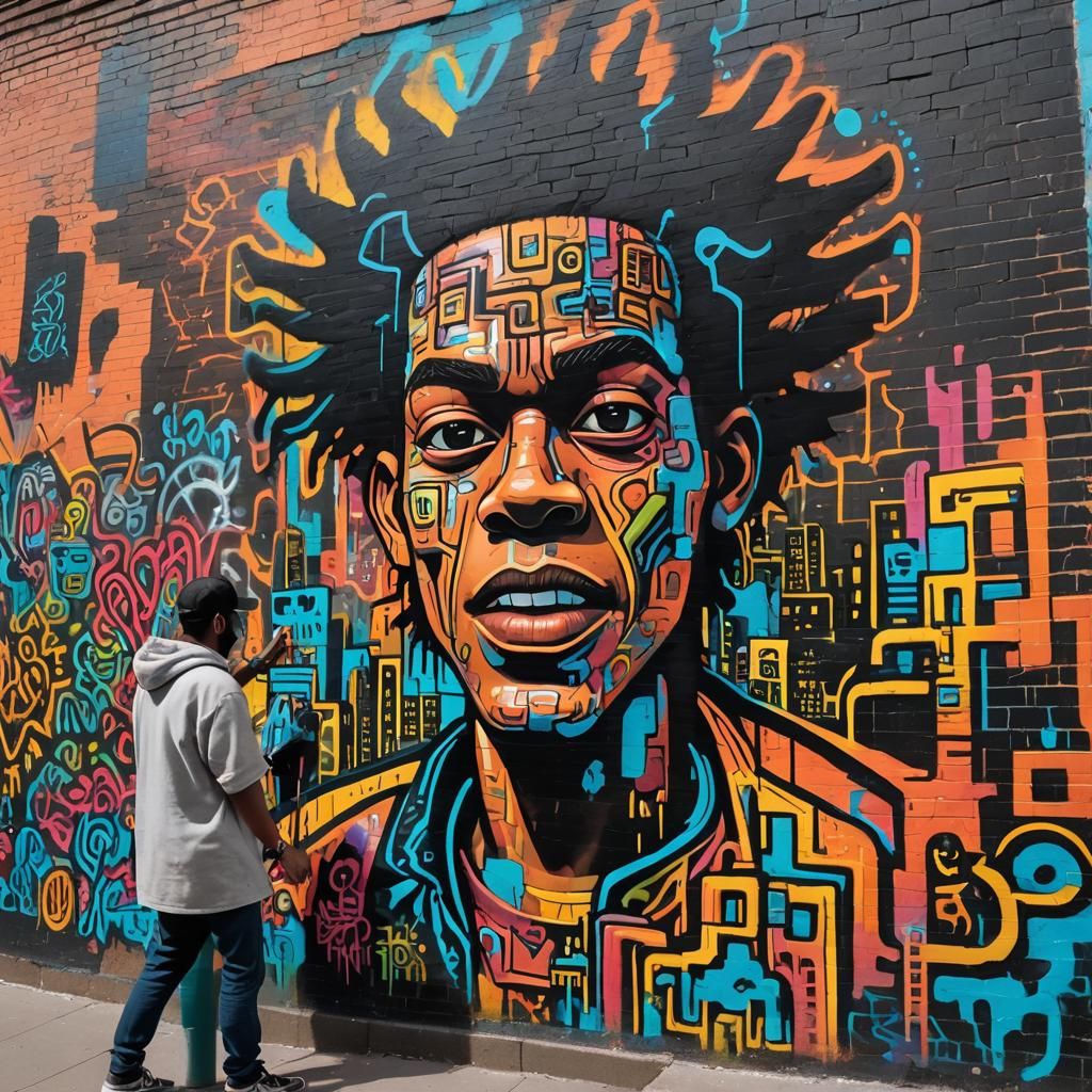 Street Artist Creating Fantastical Mural in Urban Style