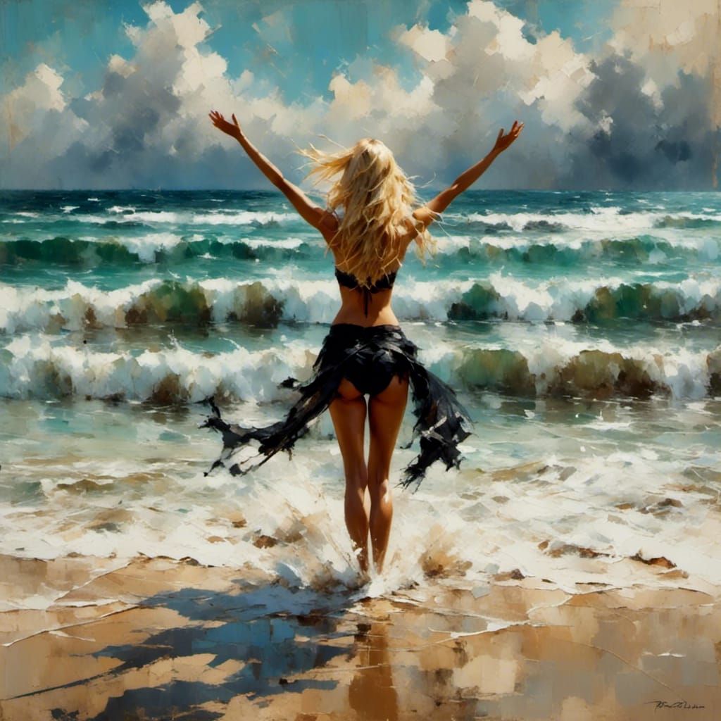 Blonde Woman on Beach with Arms Raised