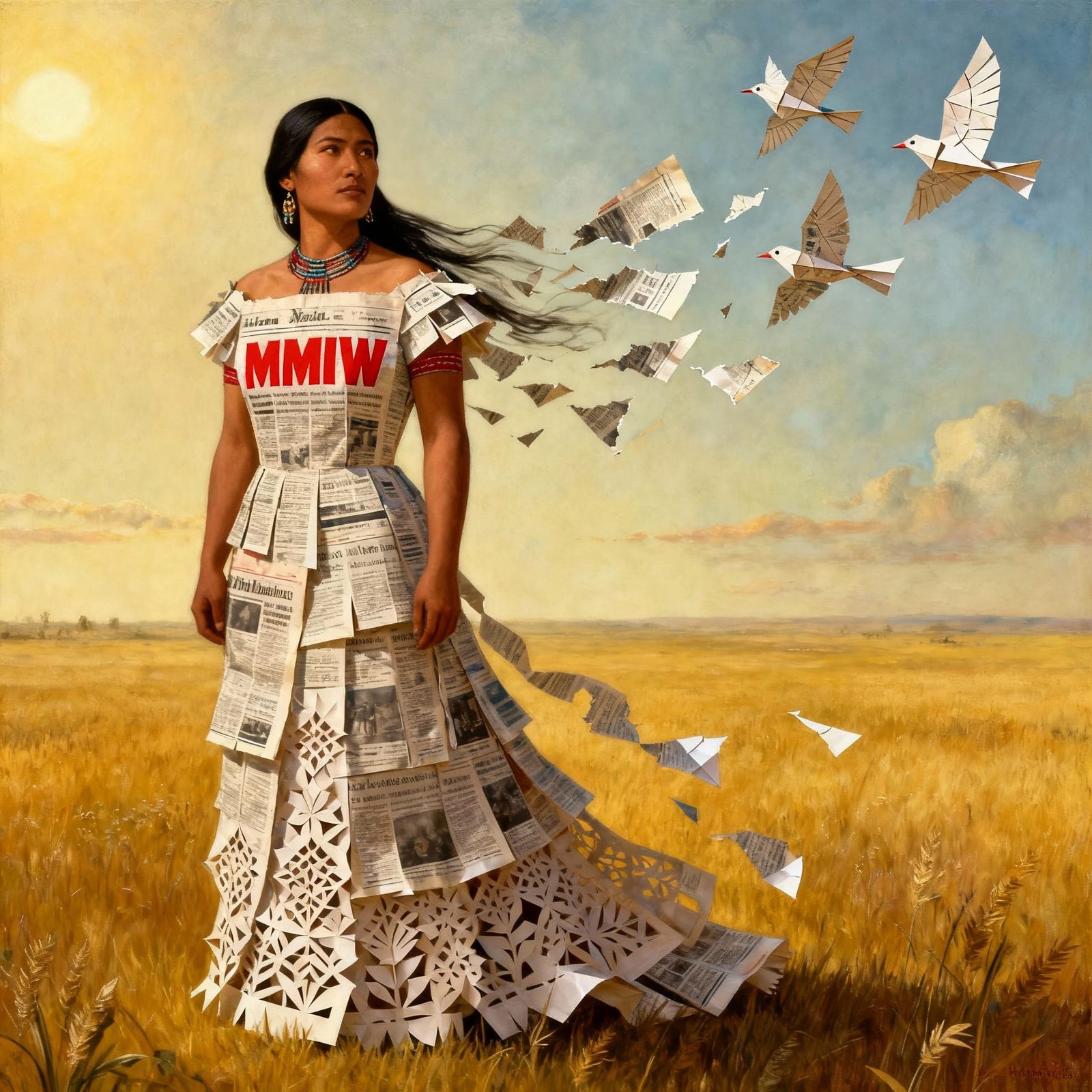 Surrealist Oil Painting of Native Woman in Newspaper Dress