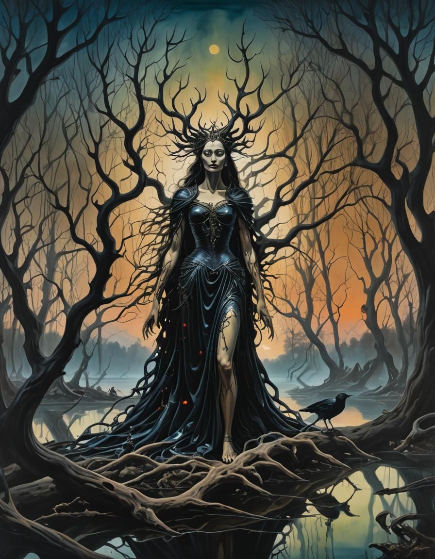 Morrígan, Goddess of War, in Surrealist Oil Painting