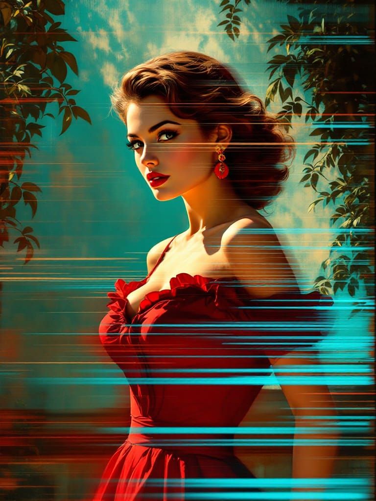 Glitch Art Portrait in Impressionist Style with Turquoise an...