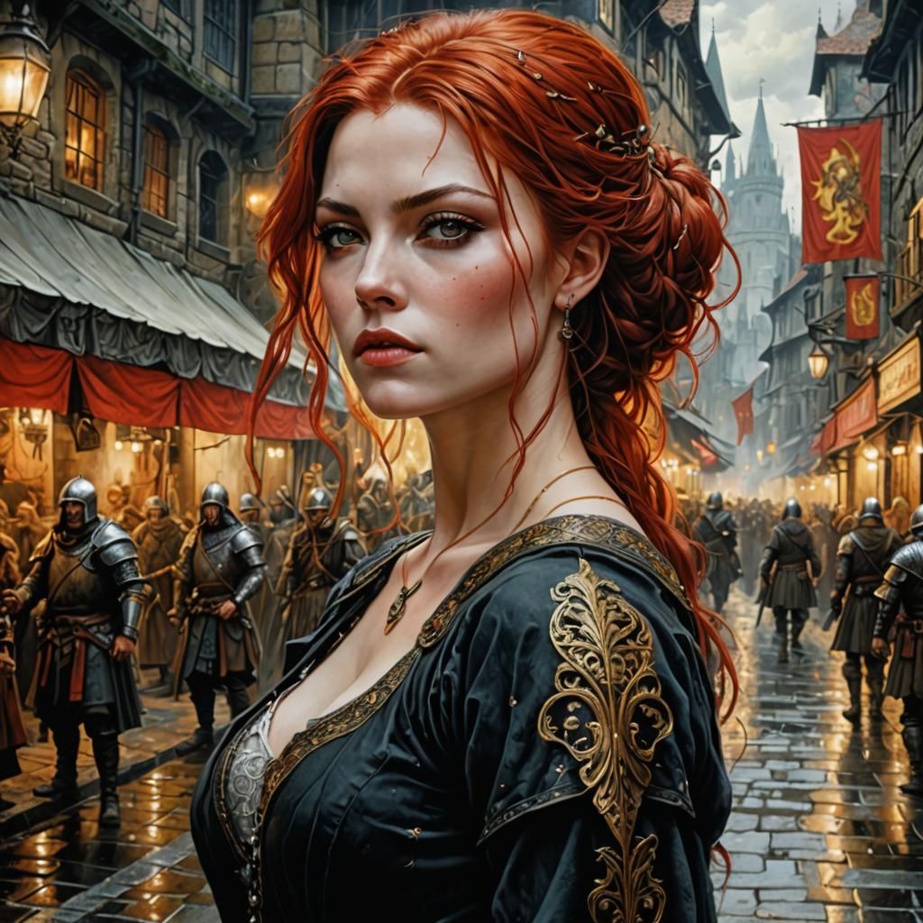 Red-Haired Warrior Woman in Oil Painting Style