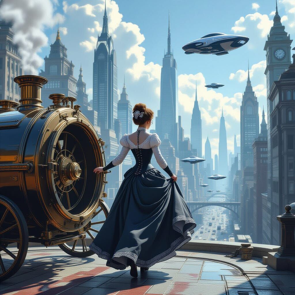 Victorian Lady's Time Travel Adventure in Syd Mead Style