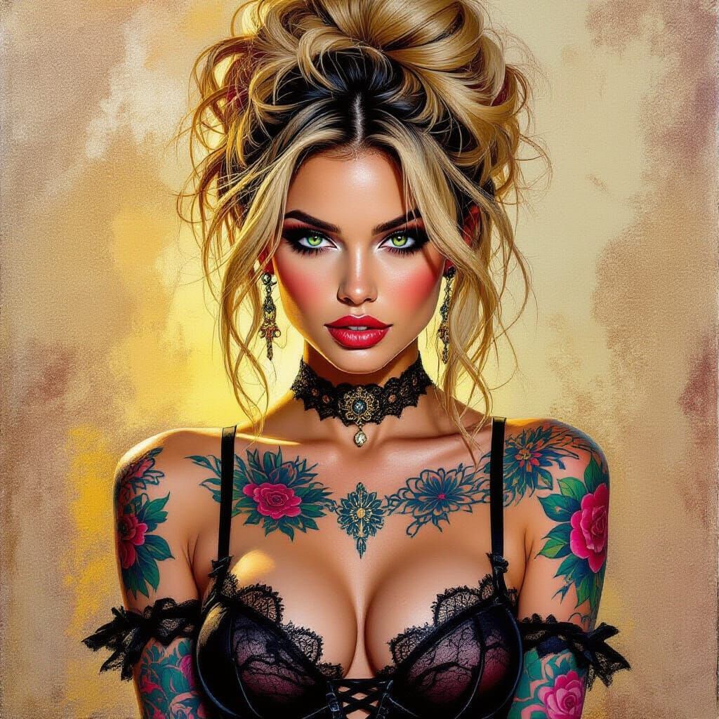 Tattooed Woman Portrait in Impasto Oil Painting Style