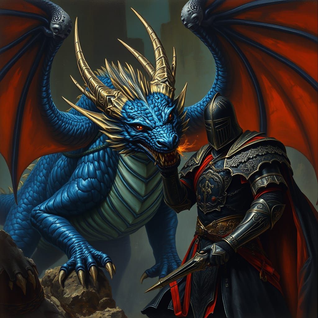 Sapphire Dragon Attacks Knight in Fantasy Art