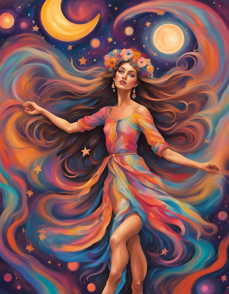 Diana Dancing with Moon Stars in Tachisme Style