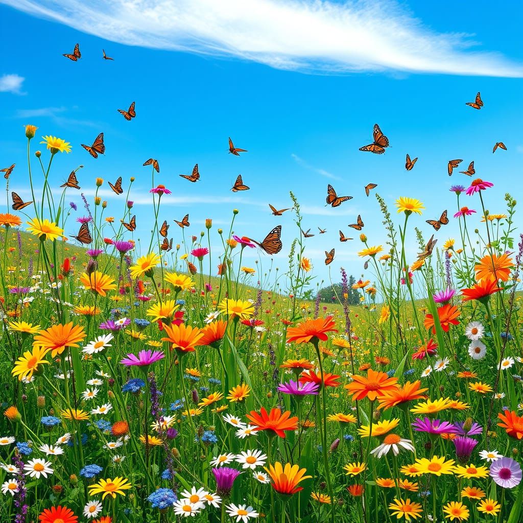 Wildflowers and Butterflies in a Dreamlike Meadow Scene