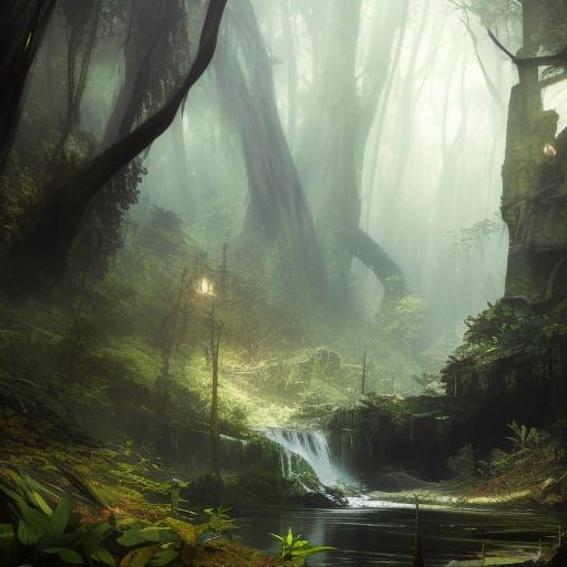 Luminous Waterfall in Dark Fantasy Jungle