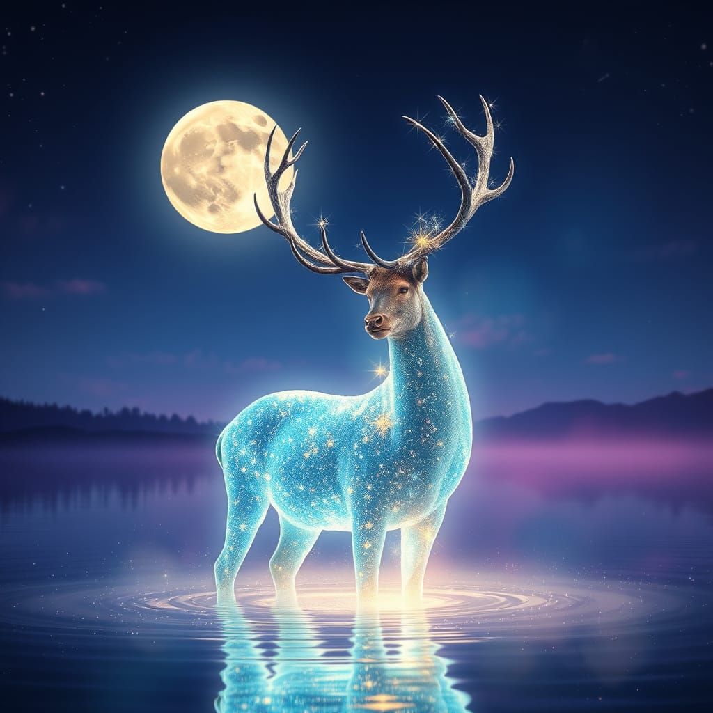 Luminous Stardust Stag in Moonlit Lake