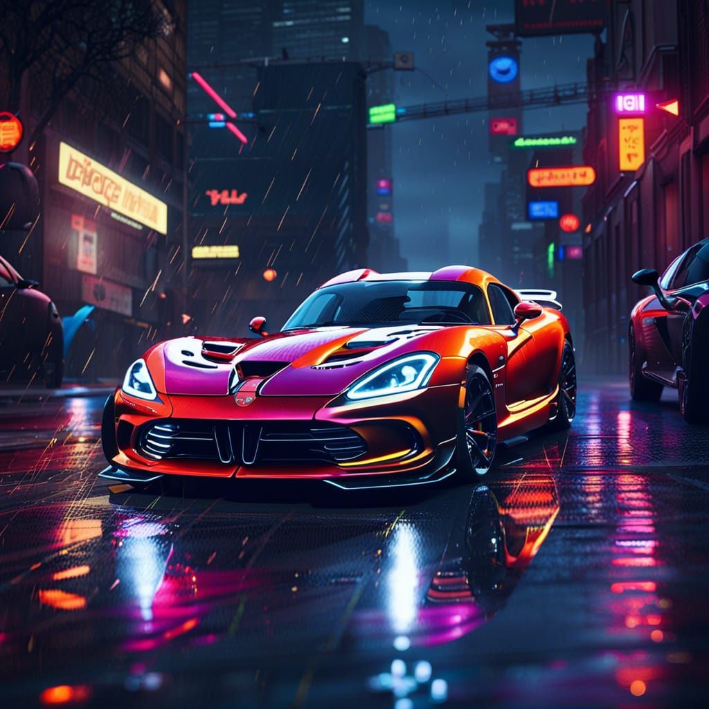 Dodge Viper in Neon City Rain