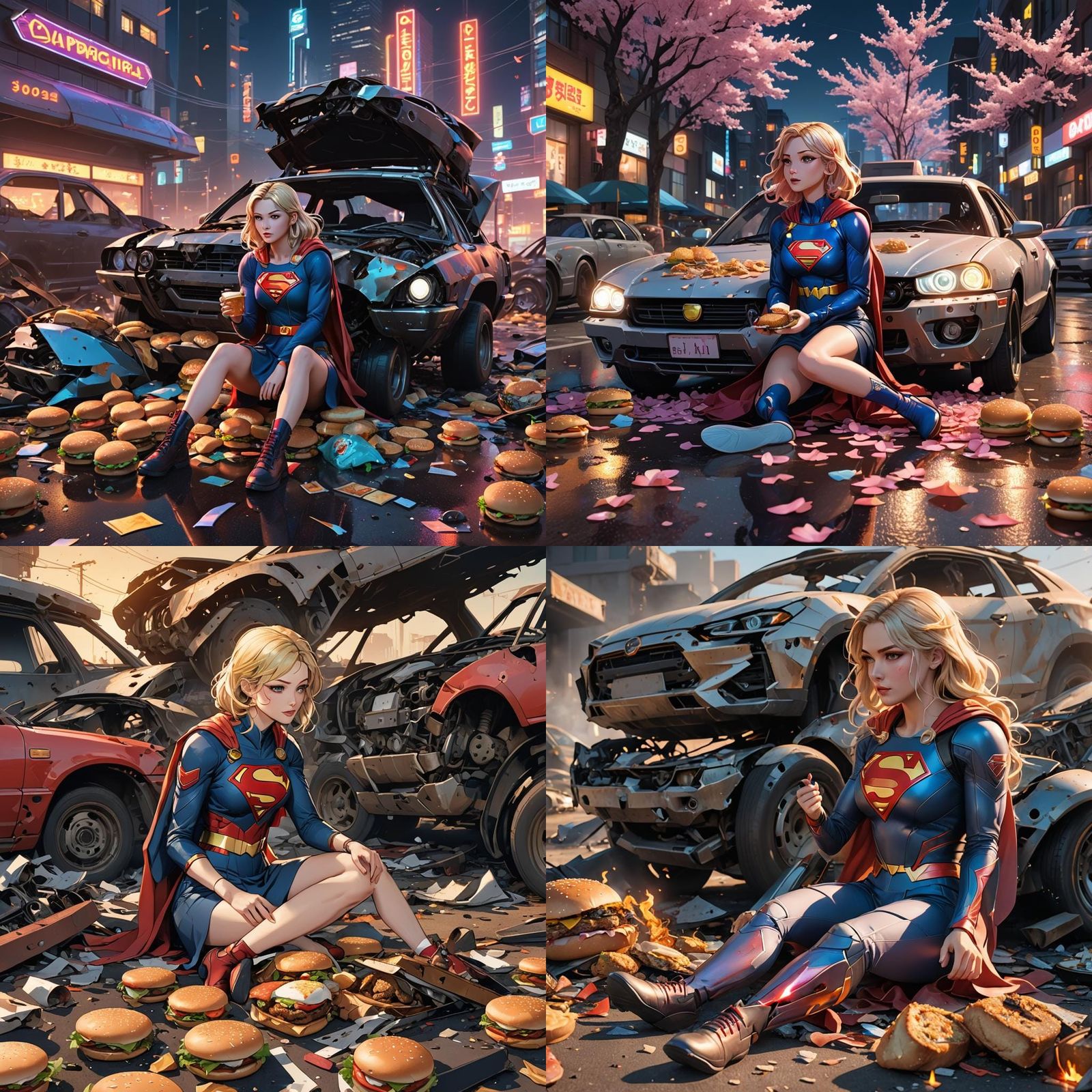 Supergirl Enjoys Burger Amidst Car Wreckage: 3D Anime Art
