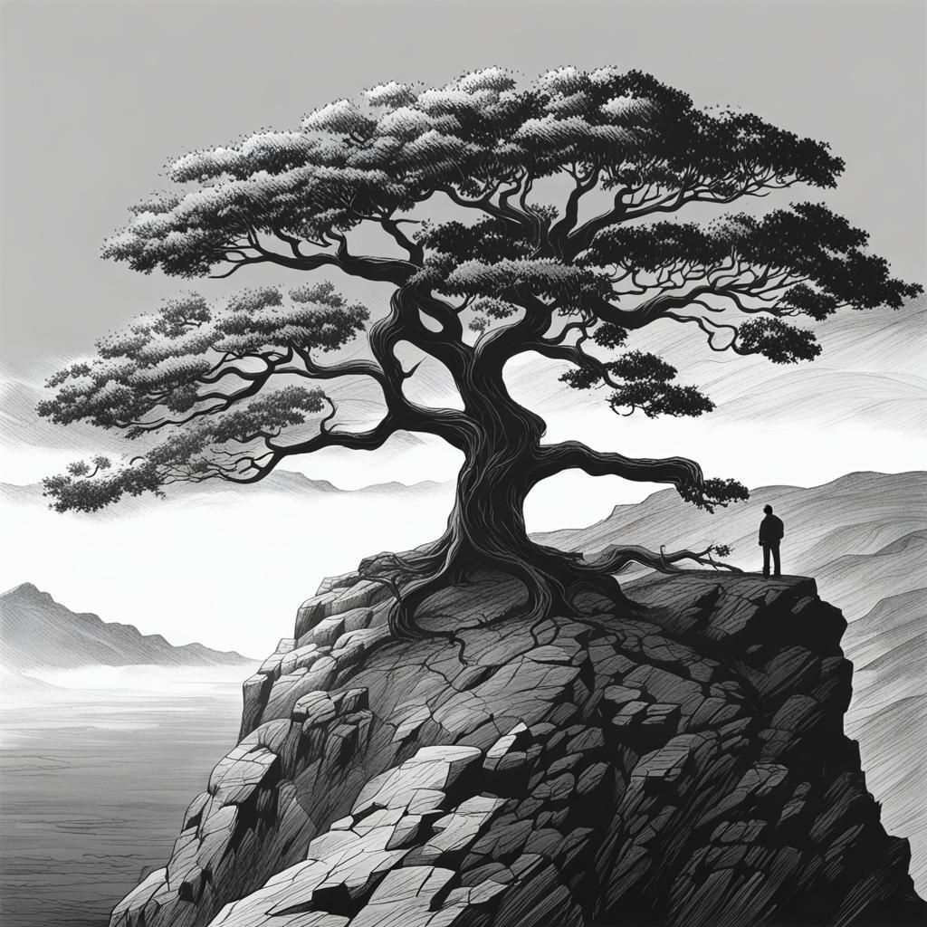 Monochrome Tree on Cliff Illustration