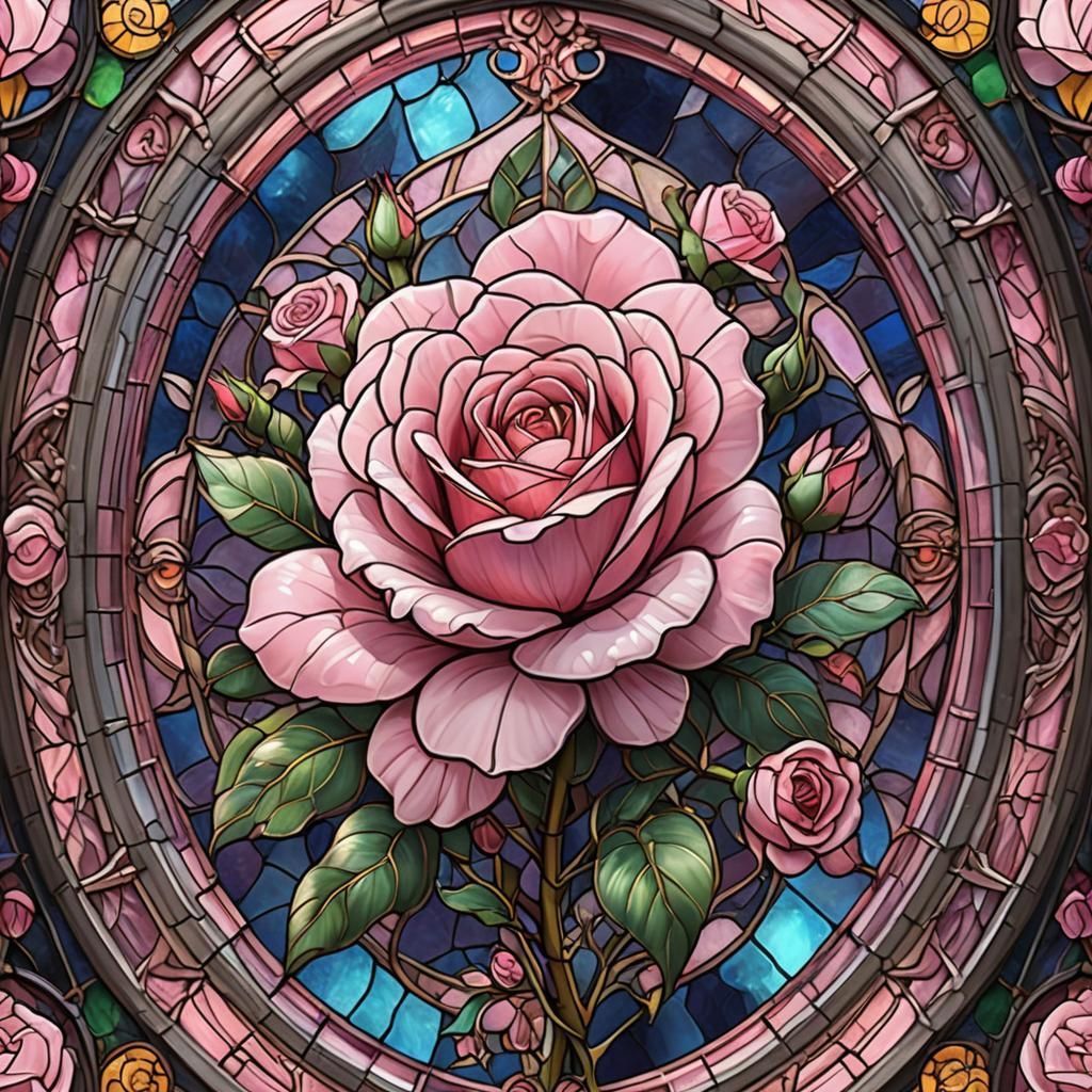 Vibrant Pink Rose in Stained Glass Oval