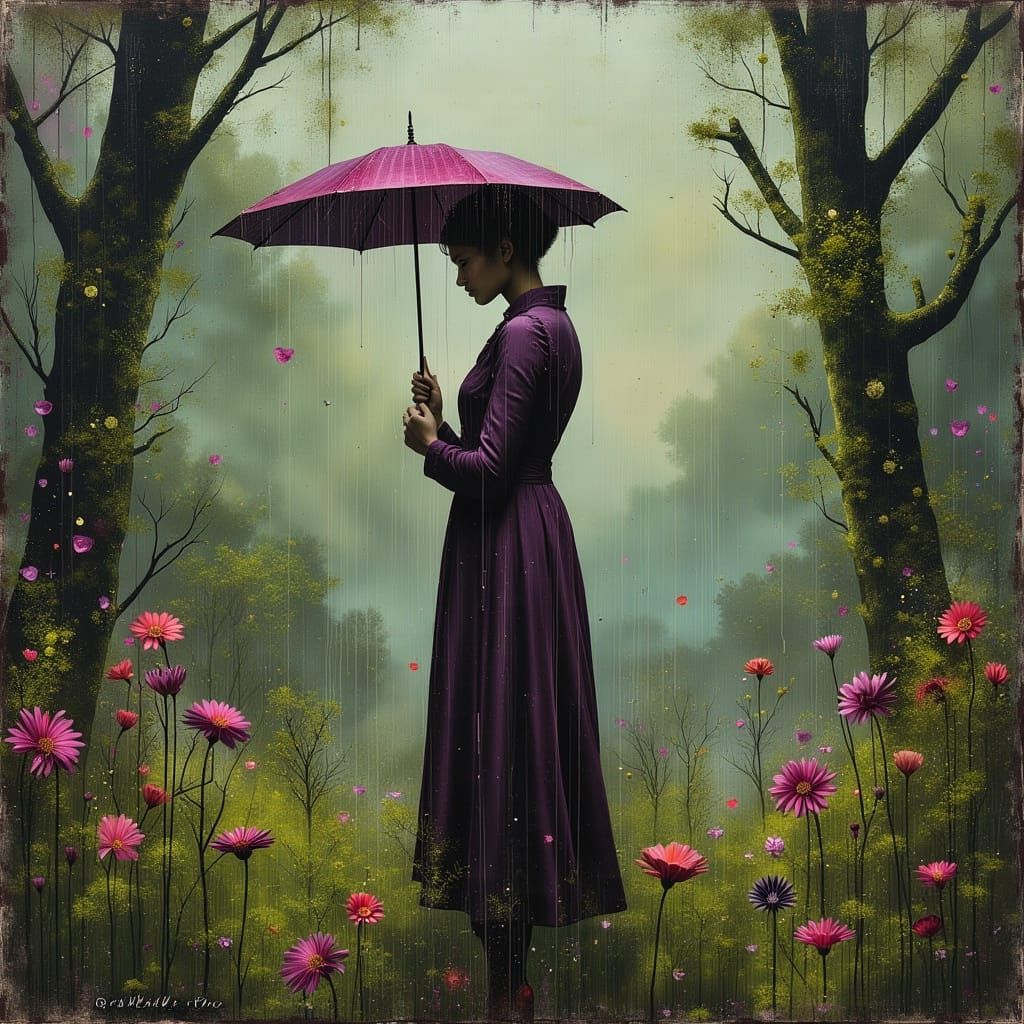 Elegant Woman Stands in a Monet-Inspired Garden on a Rainy D...