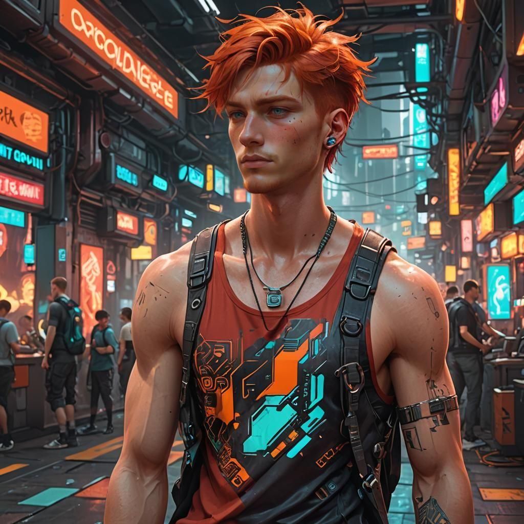 Handsome Cyberpunk Youth in Neon Cityscape