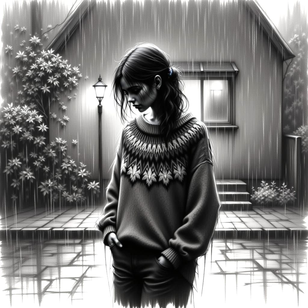 Melancholy Woman in Rain, Hyperrealistic Sketch