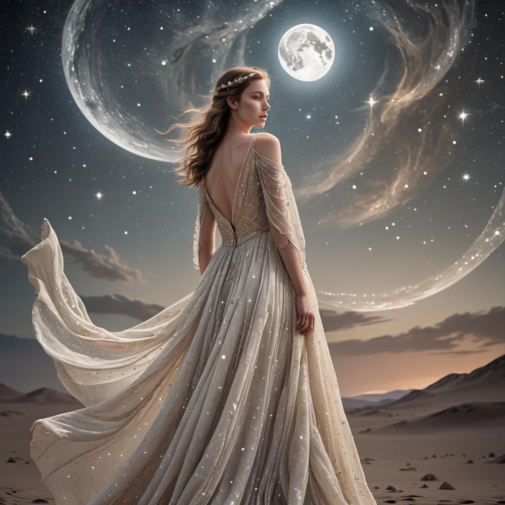 Girl in Star Dress on Moon, Hyper-Realistic Rendering