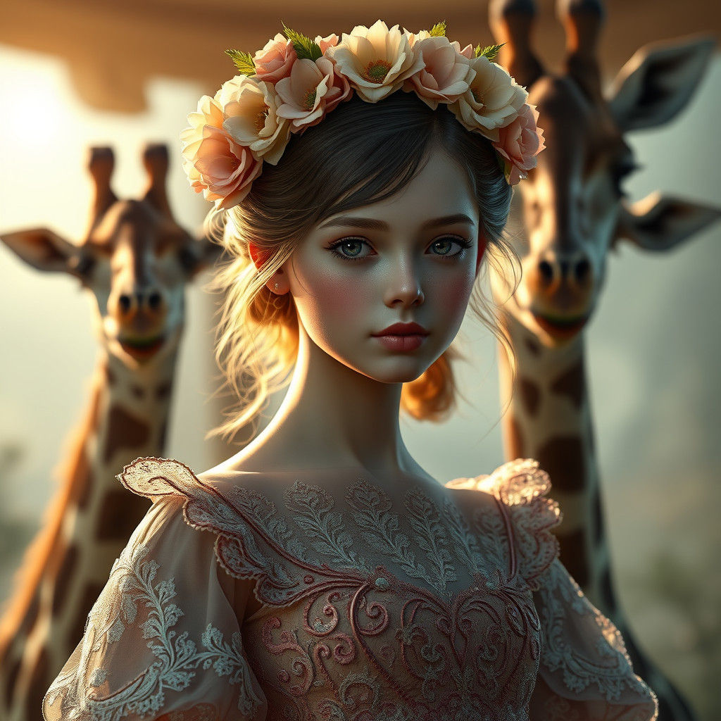 Fantasy Flower Girl Portrait with Giraffes