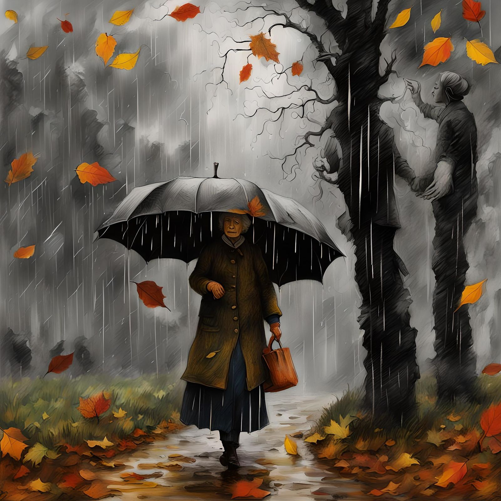 Autumn Rain Woman in Vorticist Charcoal Style