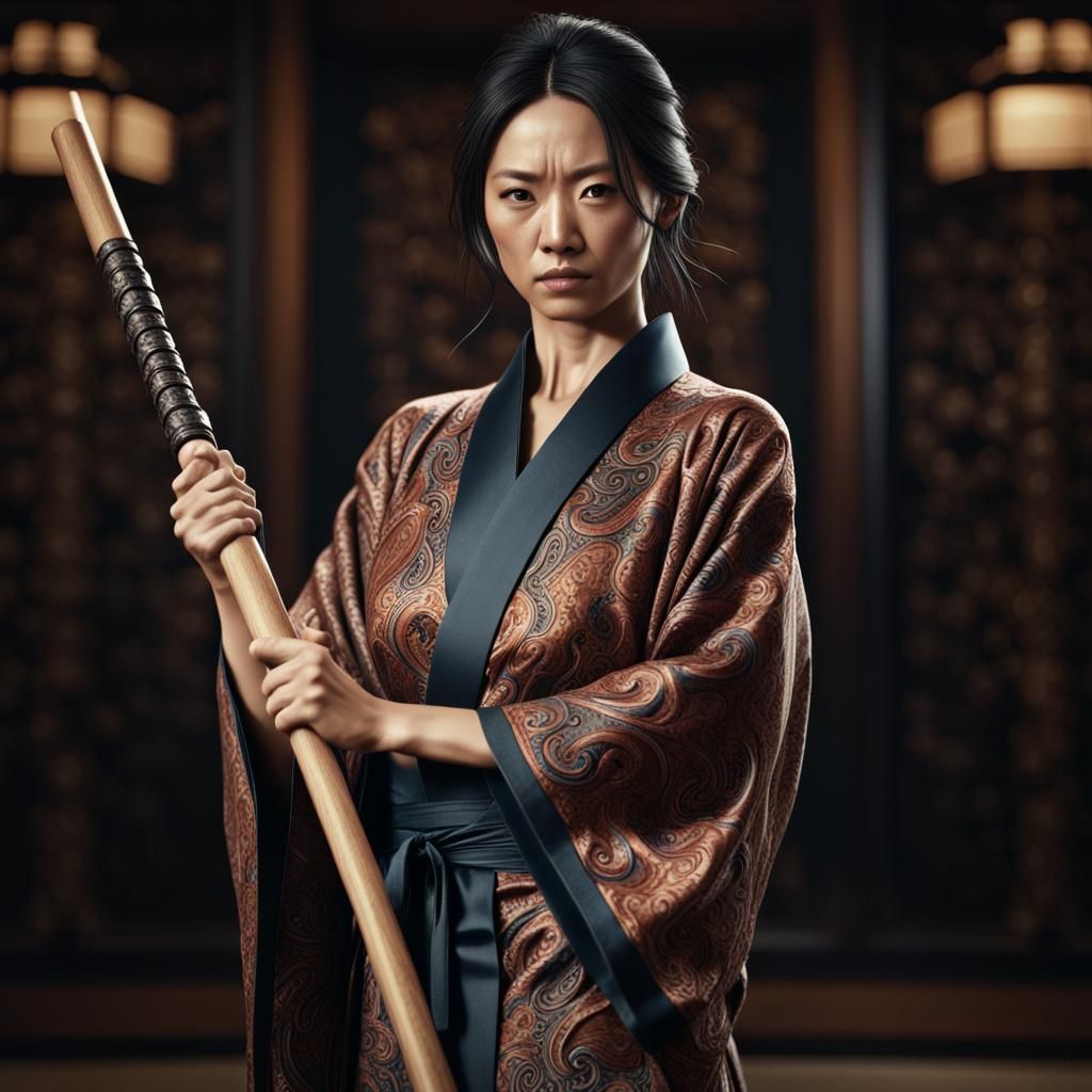 Stunning Japanese Woman with Staff in Sunset, Hyperrealistic...
