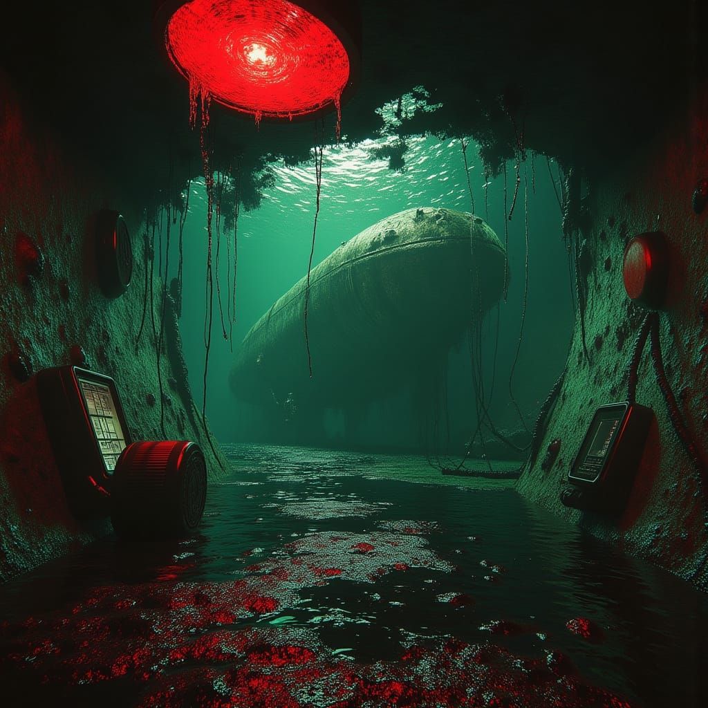 Eerie Underwater Observatory in Retro Horror Style