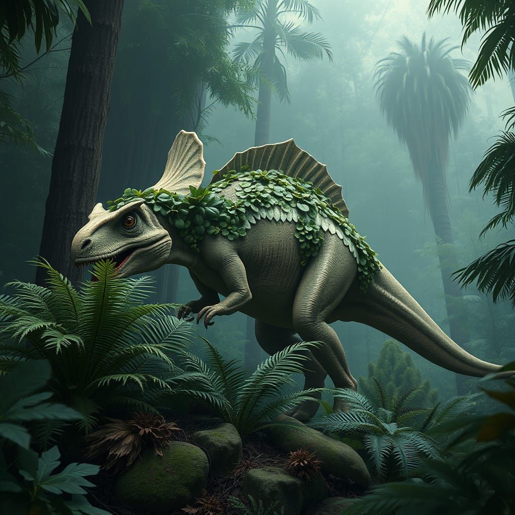 Hadrosaur Feeds in Lush Jurassic Forest