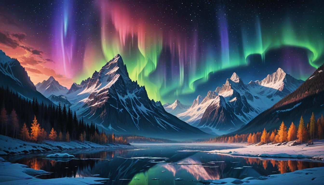 Mystical Aurora Over Frozen Mountains, Impressionist Digital...