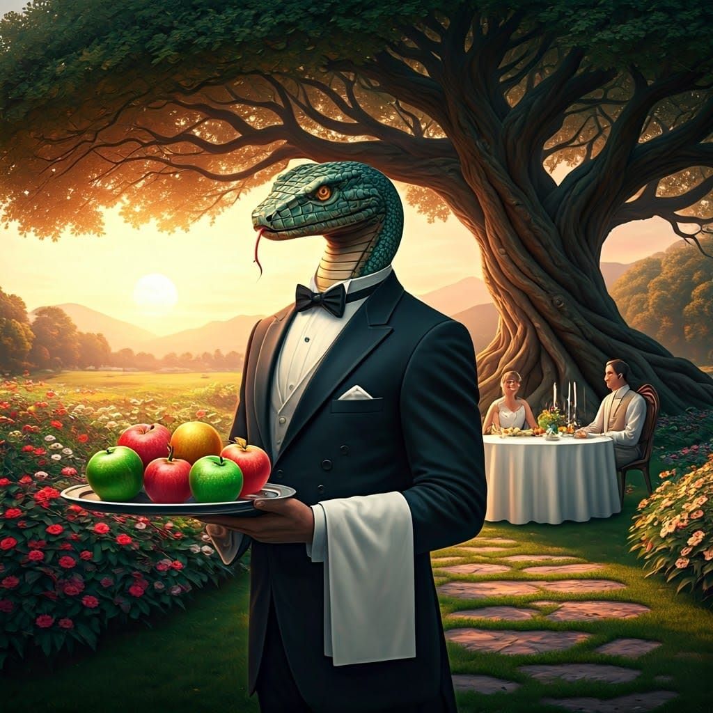 Serpent Waiter Serves Apples in Garden at Sunset