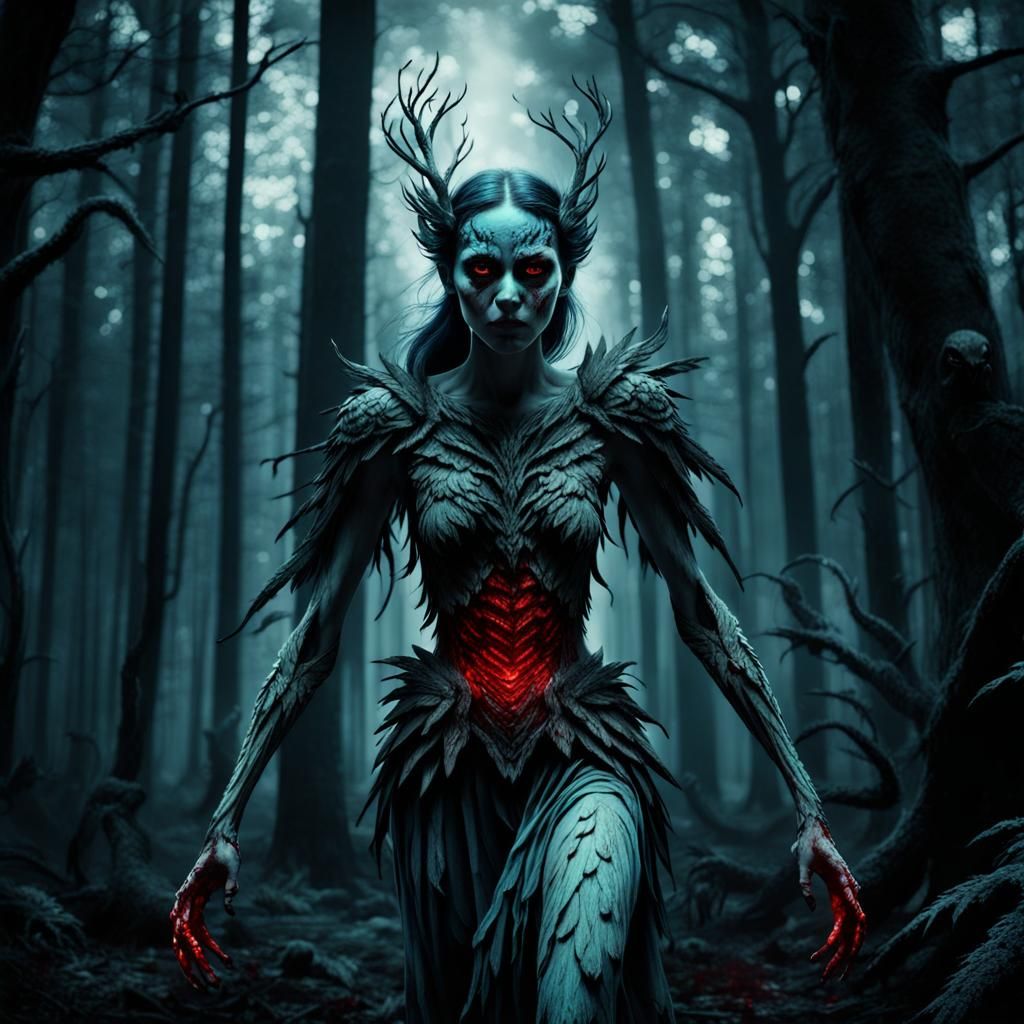 Mysterious Harpy Woman in Dark Forest