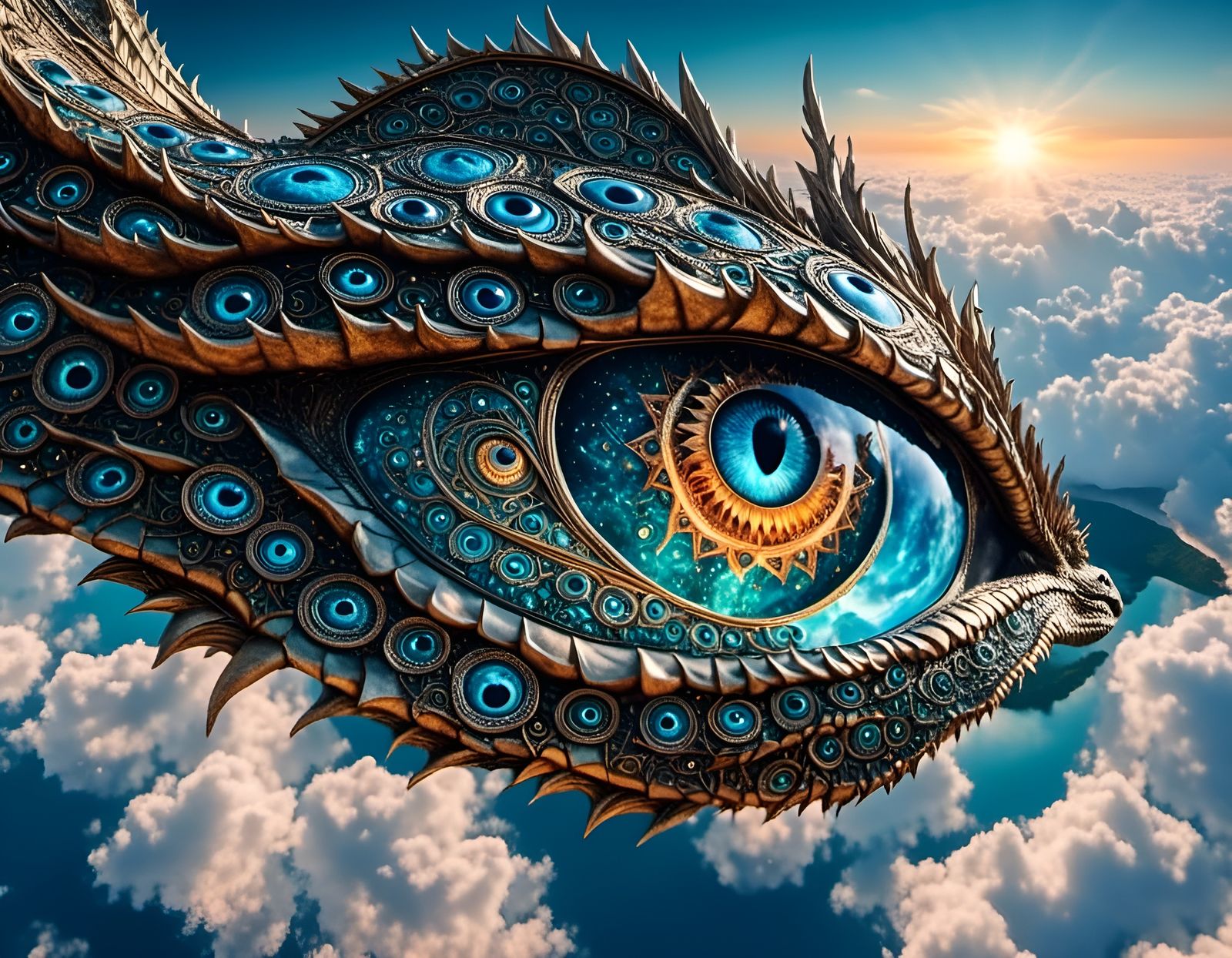 Surreal Dragon Eye Flying in Fantasy Sky