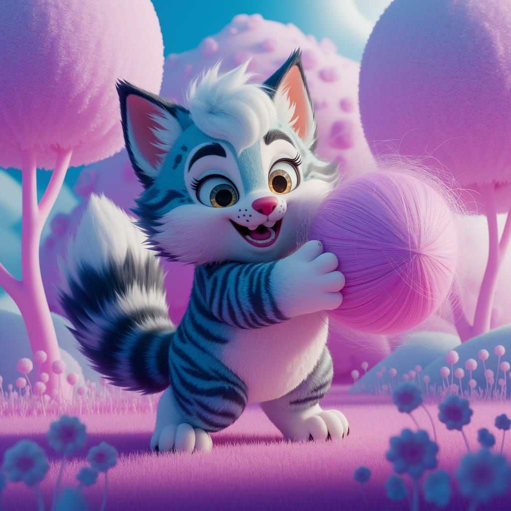 Whimsical Fantasy Feline Plays with Colorful Wool