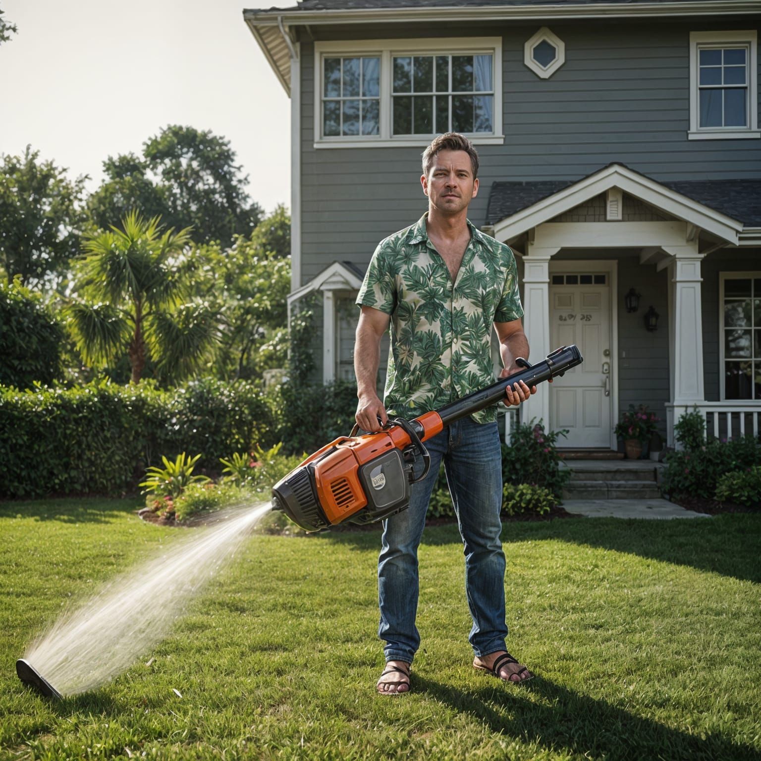 Heroic Dad with Leaf Blower: Suburban Triumph