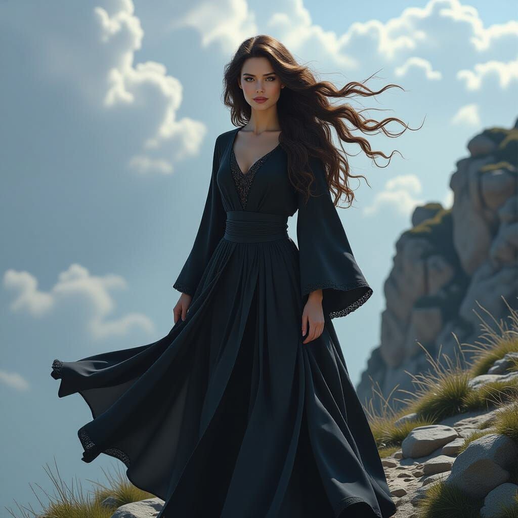 Joyful Young Witch on Rocky Cliff in Cinematic Fantasy Style