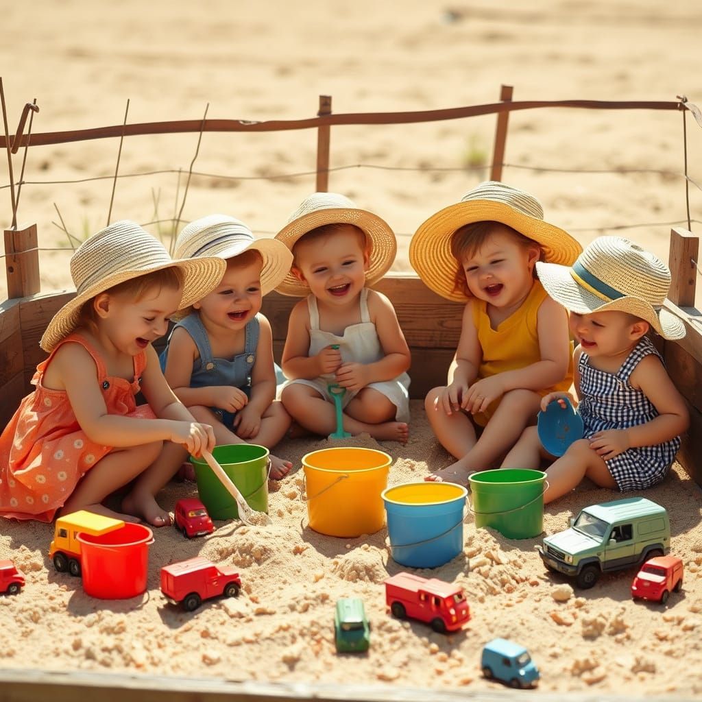 Children Playing in Sandbox, Classic Illustration Style