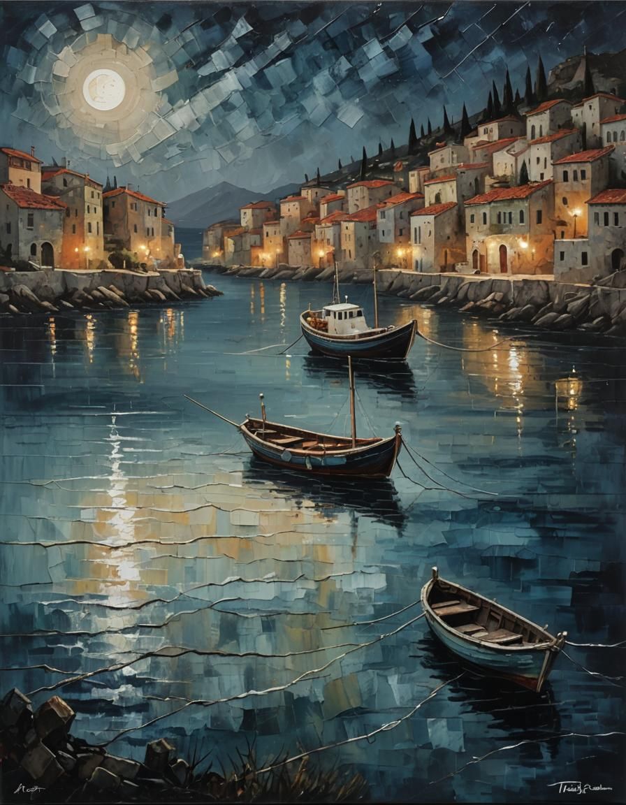 Fishing Boat at Night: Acrylic Painting with Starry Sky