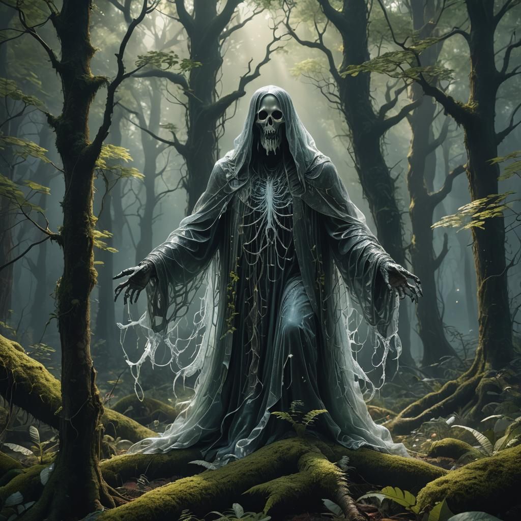 Ethereal Ghost in Forest: Detailed Matte Painting