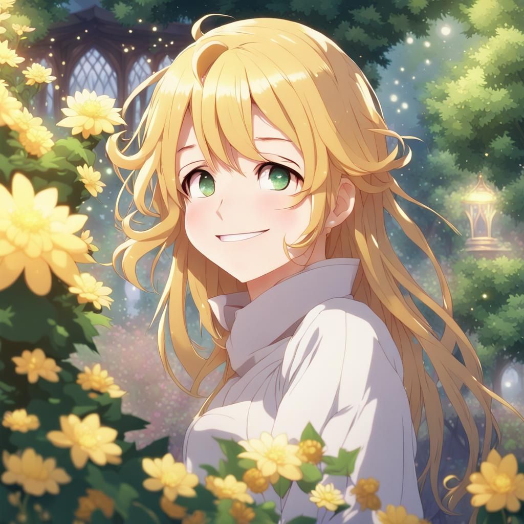 Anime Character in Magical Garden, Golden Hair