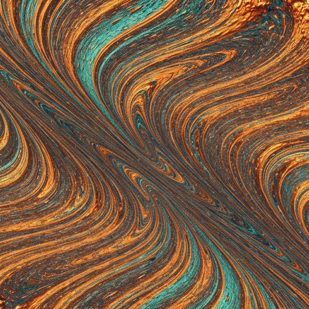 Swirling Liquid Metal Digital Art in Orange, Teal, Gold