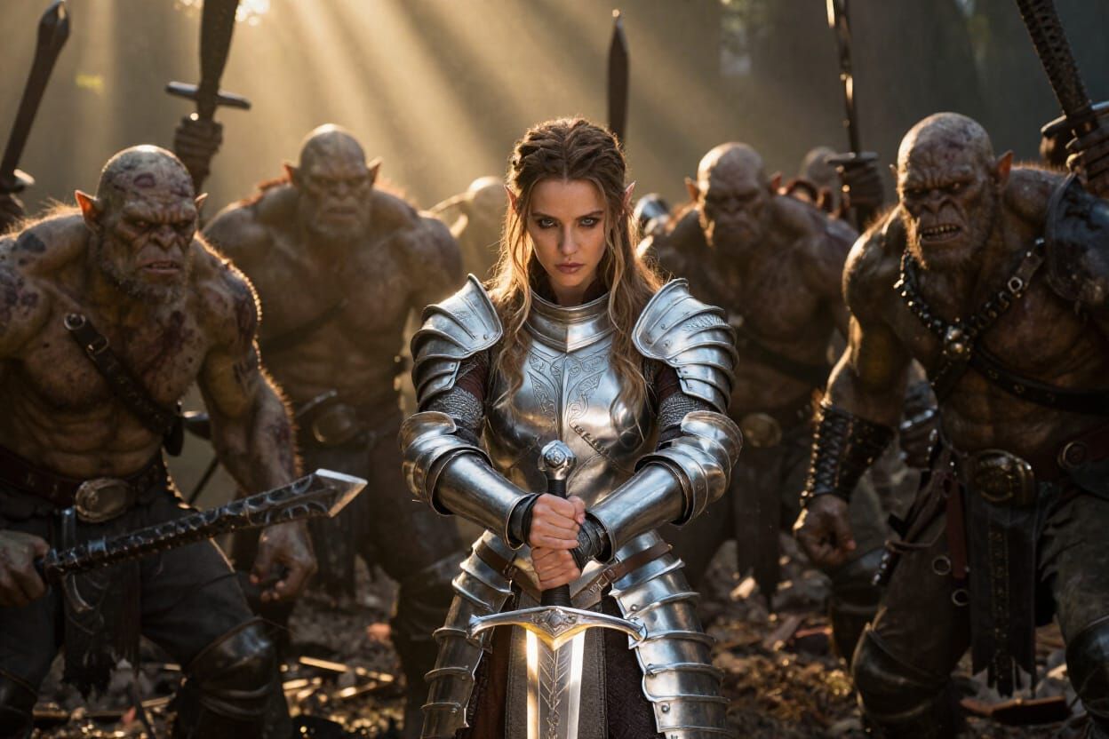 Elven Warrior Defends Against Orc Horde in Golden Light