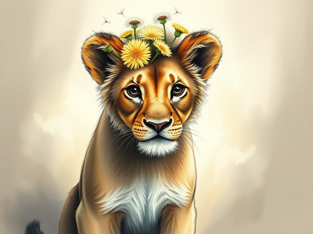 Young Lion with Dandelion Crown in Soft Pastel Watercolor