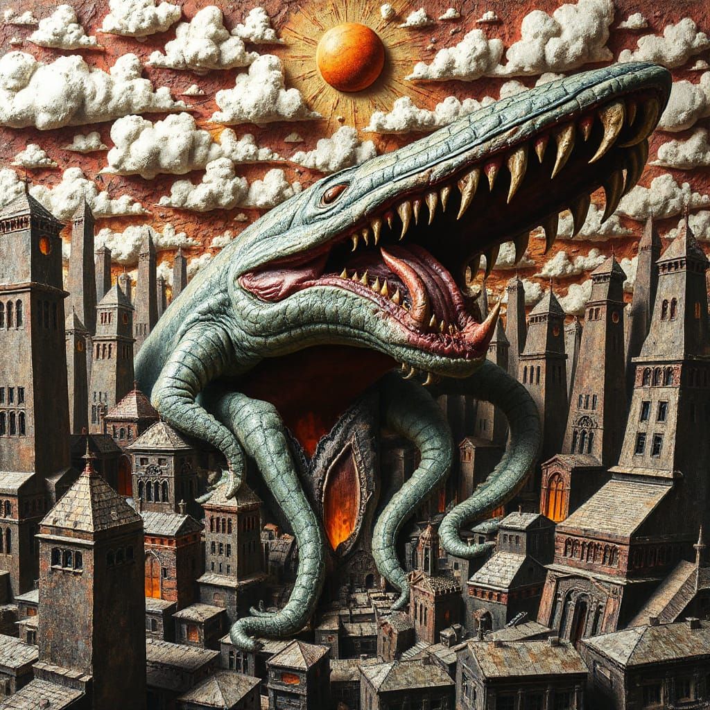 Surreal Leviathan Emerges from Cyclopean Cityscape