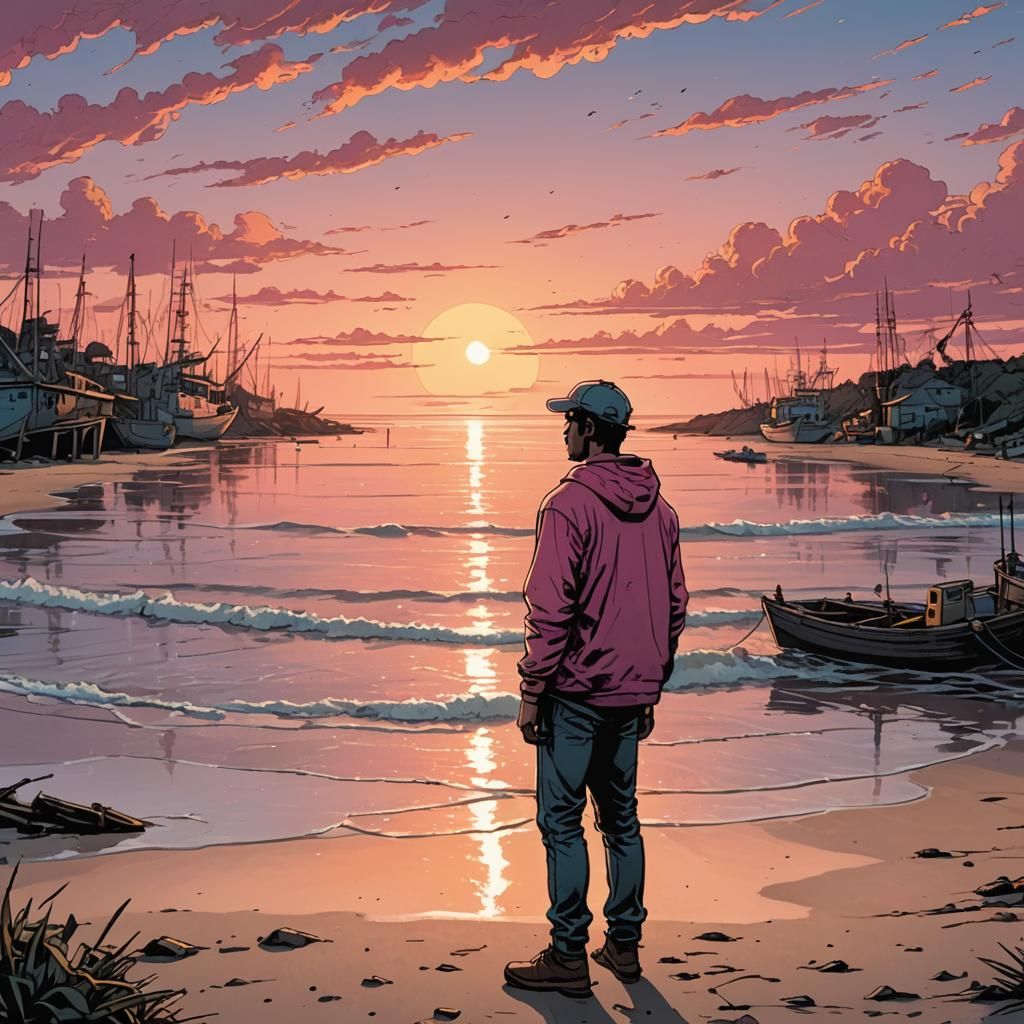 Beach Sunset Comic Art of a Young Man