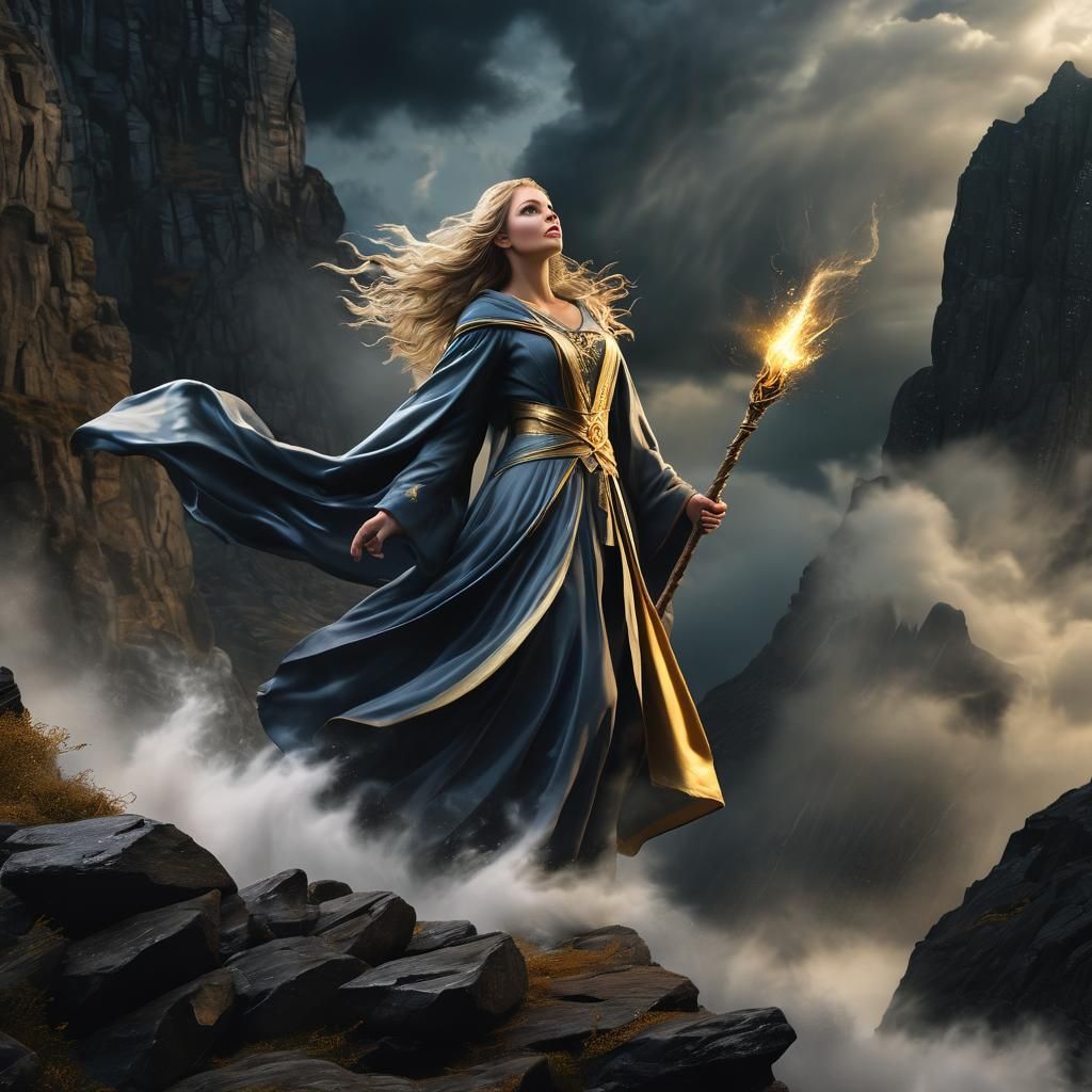 Female Wizard on Windswept Cliff in Storm