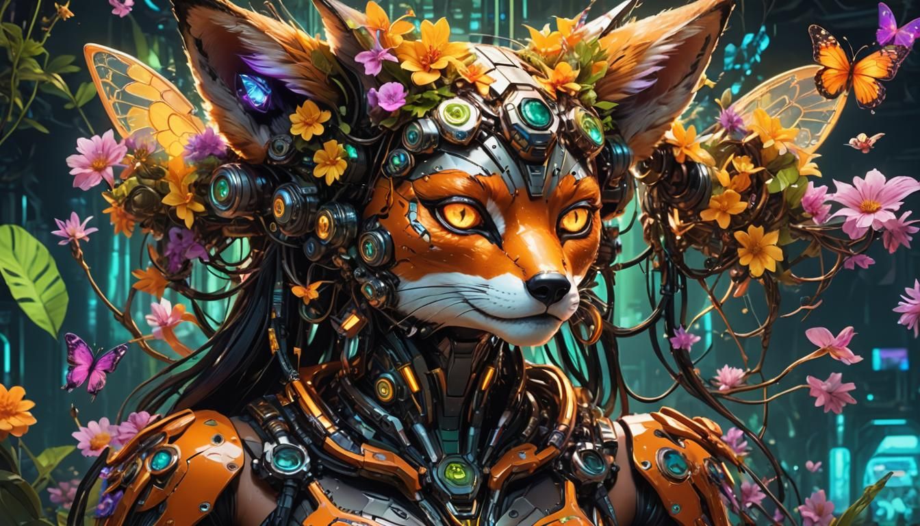 Biopunk Cyborg Fox Goddesses in Neon Laboratory